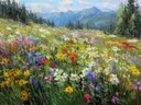 Schilderij van wilde bloemen met besneeuwde bergen op de achtergrond