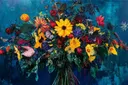 Gemengd wild boeket met zonnebloem klaproos en lelie op blauwe achtergrond