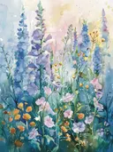Aquarelschilderij van blauwe en roze wilde bloemen in een veld.