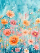 Aquarel schilderij van wilde bloemen in roze en oranje op een turkooizen achtergrond