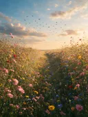 Landschapsfoto van wilde bloemenweide bij het gouden uur, met een zwerm vogels