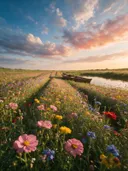 Landschapsfoto van wilde bloemenweide bij het gouden uur, met een roeibootje