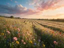 Landschapsfoto van wilde bloemenweide bij het gouden uur, met een konijn