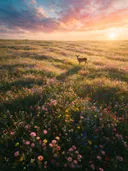 Landschapsfoto van wilde bloemenweide bij het gouden uur, met een hert