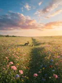 Landschapsfoto van wilde bloemenweide bij het gouden uur, met een konijn met haar jongen