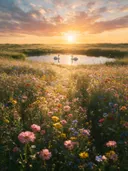 Landschapsfoto van wilde bloemenweide bij het gouden uur, met zwanen