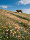 Landschapsfoto van wilde bloemenweide bij volle zon, met een koe aan de rand van het veld