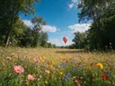 Landschapsfoto van wilde bloemenweide bij volle zon, met een luchtballon boven de horizon