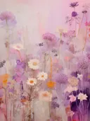 Pastel schilderij van een wilde bloemenweide in paars, wit en oranje