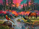 Wilde dieren in de bloementuin in magenta, dieren schilderij