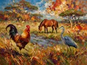 Wilde dieren in de bloementuin, schilderij met verschillende dieren
