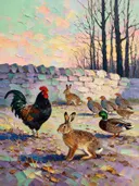 Wilde dieren in de schaduw, schilderij met verschillende dieren