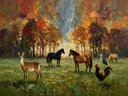 Wilde dieren in het bos in bruin, schilderij met verschillende dieren