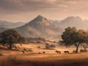Schilderij van wilde paarden in een gouden bergvallei bij zonsondergang