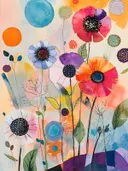 Diverse aquarelbloemen zoals klaprozen en madeliefjes in rood, blauw, paars en oranje op een lichte achtergrond.