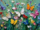 Schilderij van een wilde bloemenweide met tientallen kleurrijke vlinders