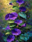 Paarse windebloemen in gouden ochtendlicht, olieverfschilderij