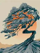 Illustratie van een wind-gevormde pijnboom tegen een oranje zon.