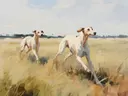 Schilderij van twee windhonden die door een veld rennen