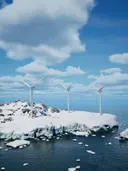 Drie windturbines op een besneeuwde kustrand naast de zee, met drijvende ijsschotsen in het water.