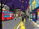 Winkelstraat bij nacht in cartoonstijl, schilderij