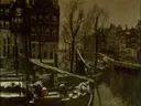 Winter in Amsterdam van George Hendrik Breitner: stad met gracht, Amsterdam, boten en winter, in donkerbruin en grijs