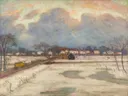 Winter in Fischerhude van Otto Modersohn: landschap met winter, sneeuw, dorp en kale bomen, in gedempt wit en grijs