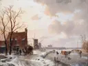 Winter landscape with horses on the ice, by van Andreas Schelfhout: landschap met winter, sneeuw, paarden en slee, in gedempt wit met roodbruin