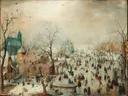 Winter Landscape with Skaters van Hendrick Avercamp: landschap met schaatsers, ijs, winter en dorp, in gedempt blauw en oker