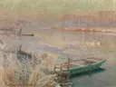 Winter van Emile Claus: landschap met winter, rivier, boot en mist, in bleek grijsblauw