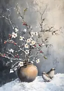 Schilderij van winterbloesem met vogels in de sneeuw