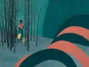 Schilderij van winterbos met wandelaar in petrol en koraal, in vlakke kleurvlakken