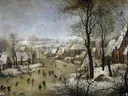 Wintergezicht met vogelknip van Pieter Brueghel the Younger: landschap met sneeuw, winter, schaatsers en dorp, in wit en warm bruin