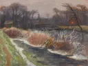 Winterlandschaft an der Schleuse 1934 van Otto Modersohn: landschap met winter, sneeuw, sluis en water, in gedempt grijs en wit