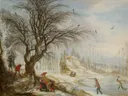 Winterlandschap met houtsprokkelaars van Gijsbrecht Leytens: landschap met winter, sneeuw, bomen en houtsprokkelaars, in koel wit met warm bruin