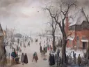 Winterlandschap met schaatsers bij een dorp van Hendrick Avercamp: landschap met schaatsers, ijs, dorp en kale bomen, in gedempt wit en rood