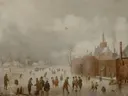 Winterlandschap van Anthonie Verstraelen: landschap met winter, ijs, schaatsers en sneeuw, in gedempt grijswit