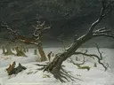 Winterlandschap van Caspar David Friedrich: landschap met sneeuw, winter, omgevallen boom en boomstronken, in wit met donkergroen
