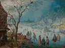 Winterlandschap van Christoffel van den Berghe: landschap met winter, ijs, schaatsers en sneeuw, in helder blauw en wit