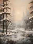 Winterlandschap met een besneeuwd pad tussen dennenbomen bij zonsondergang.