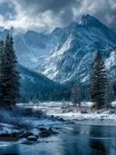 Schilderij van een besneeuwde berg met dennenbos en bevroren rivier