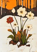 Schilderij van winterse papavers in een berkenbos