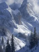 Schilderij van zonlicht op besneeuwde bergpieken met dennenbos