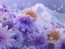 Schilderij van vlinders bij paarse sterbloemen in een besneeuwd landschap
