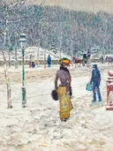 Impressionistisch schilderij van winters stadspark met wandelaars