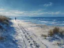 Schilderij van een wandelaar op een besneeuwd strand bij zee