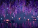 Schilderij van wisteria boven een vijver met gloeiende lotusbloemen