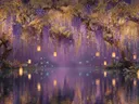 Schilderij van hangende paarse wisteria met gouden lantaarns boven een mistig meer