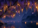 Schilderij van wisteria met lantaarns bij een bergmeer in de nacht