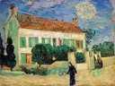 Wit huis in de nacht van Vincent van Gogh: landschap met wit huis, rood dak, ster en vrouw, in blauw met wit en rood